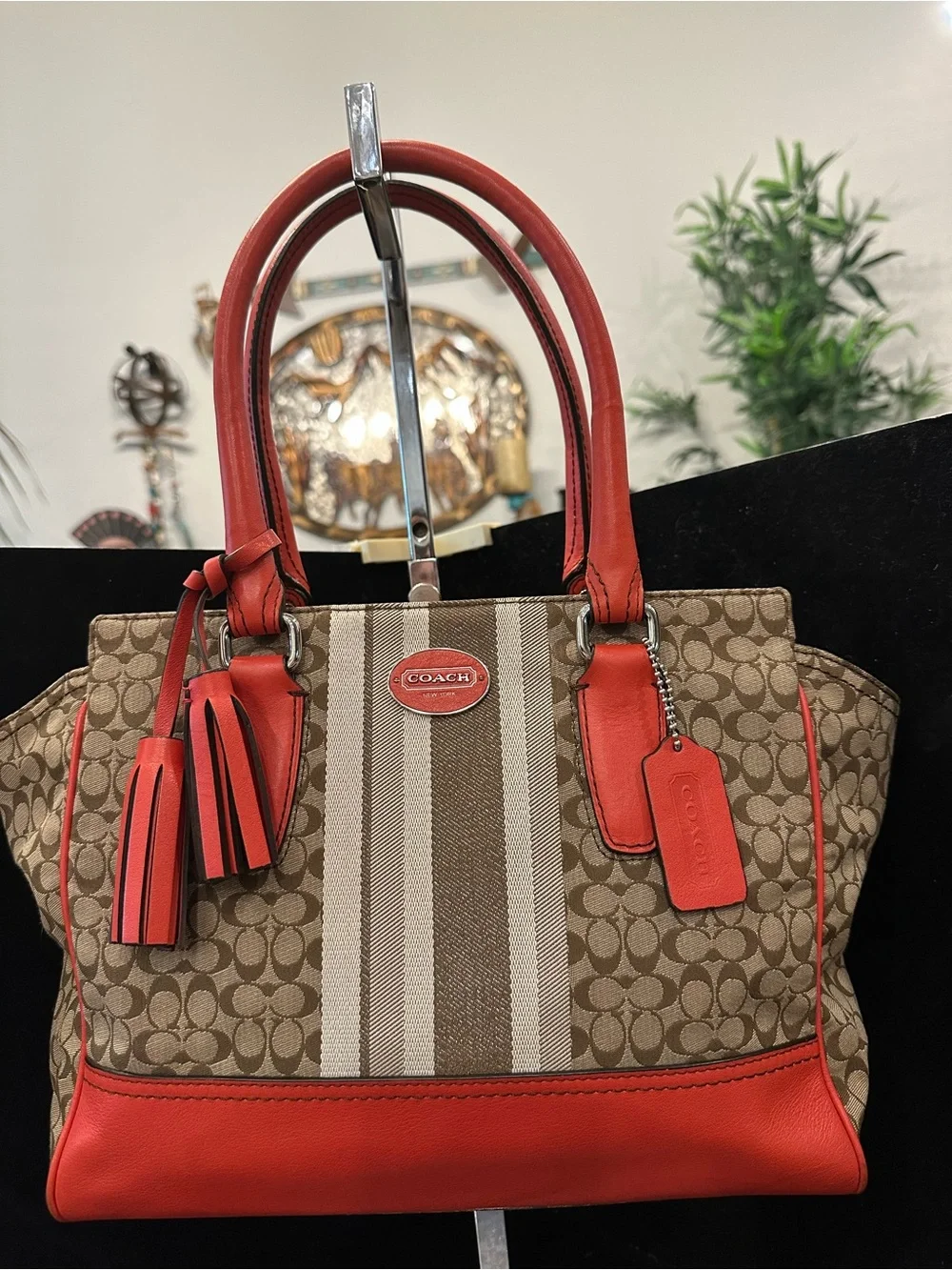 Coach Cadence Legacy Signature Carryall Canvas Tote with Coral Red Leather Trim - Picture 2 of 15